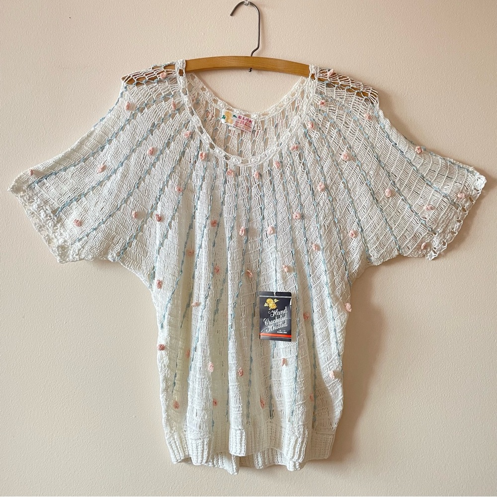 Vintage 70s Deadstock White Crocheted Knitted Sheer Short Dolman Sleeve Top NWT